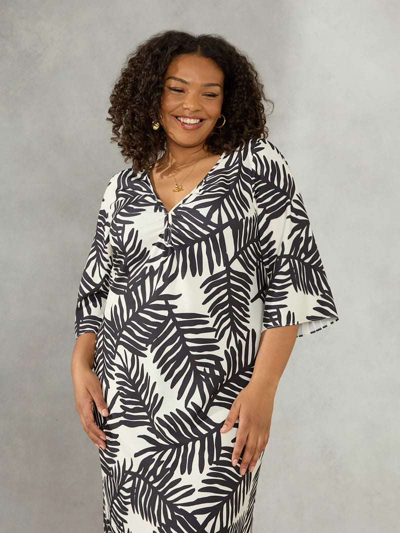 Black Palm Print Keyhole Midaxi Dress