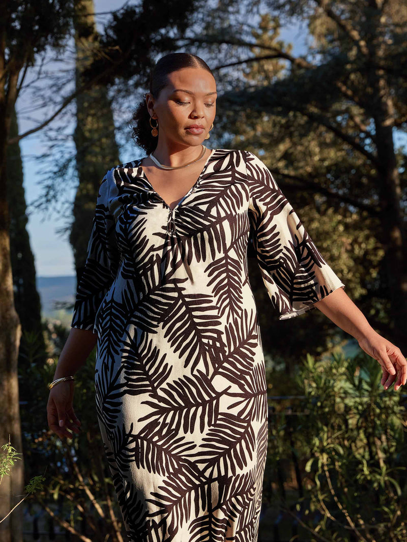 Black Palm Print Keyhole Midaxi Dress