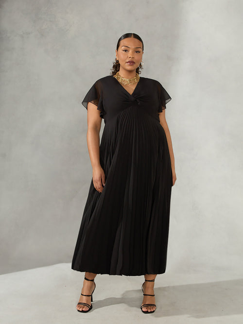 Black Knot Front Pleat Midaxi Dress