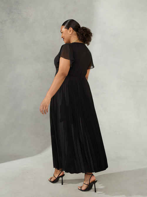 Black Knot Front Pleat Midaxi Dress