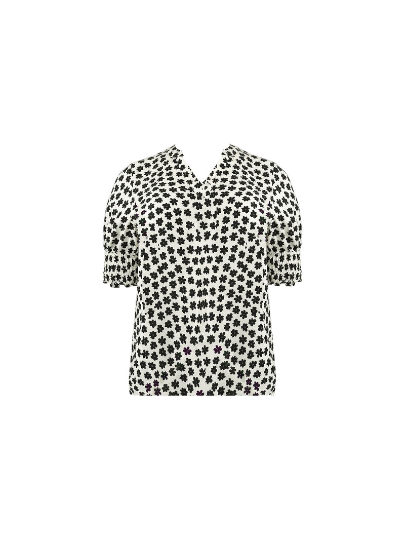 Cream & Black Daisy Print Shirred Cuff Blouse