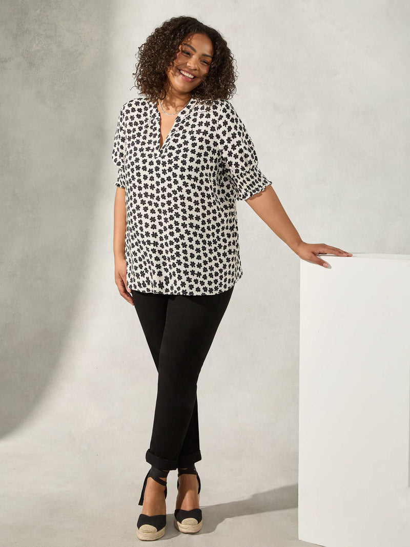 Cream & Black Daisy Print Shirred Cuff Blouse