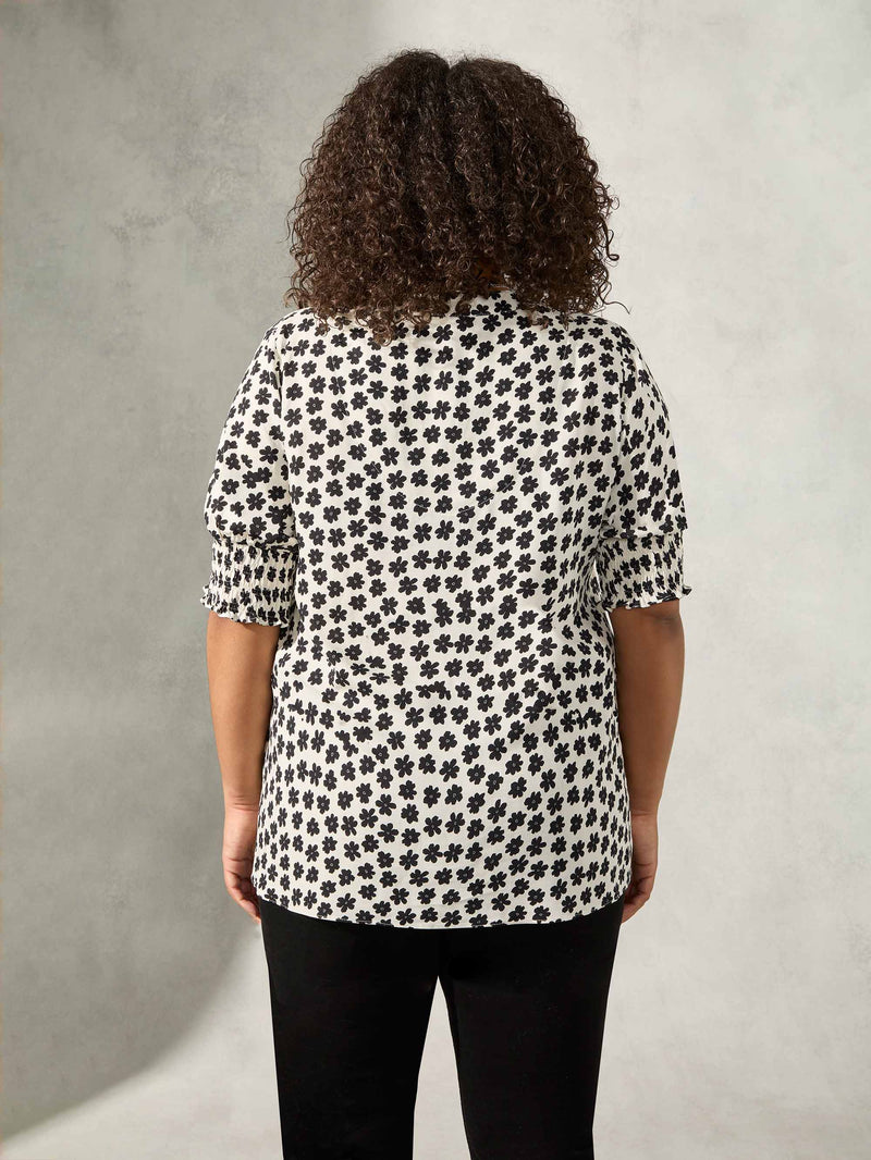 Cream & Black Daisy Print Shirred Cuff Blouse
