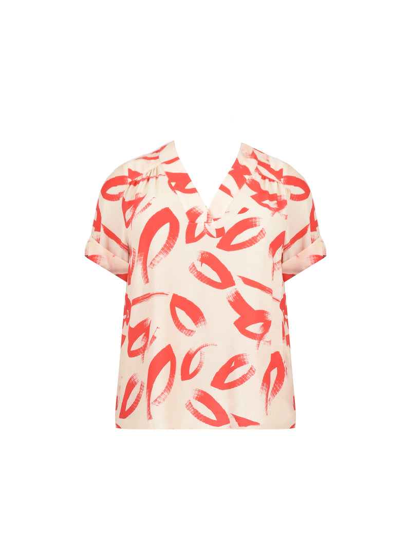 Red Brushstroke Print V-Neck Blouse