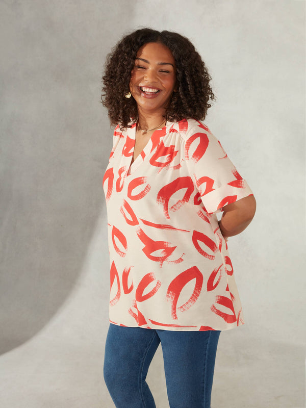 Red Brushstroke Print V-Neck Blouse