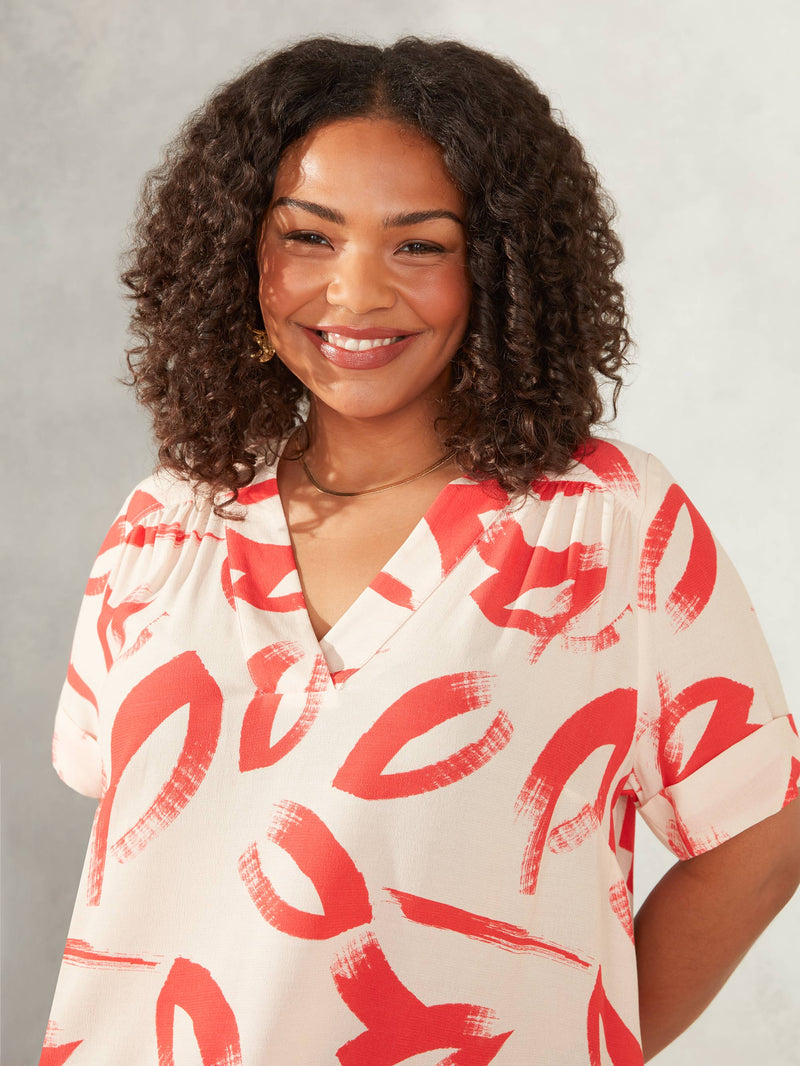 Red Brushstroke Print V-Neck Blouse