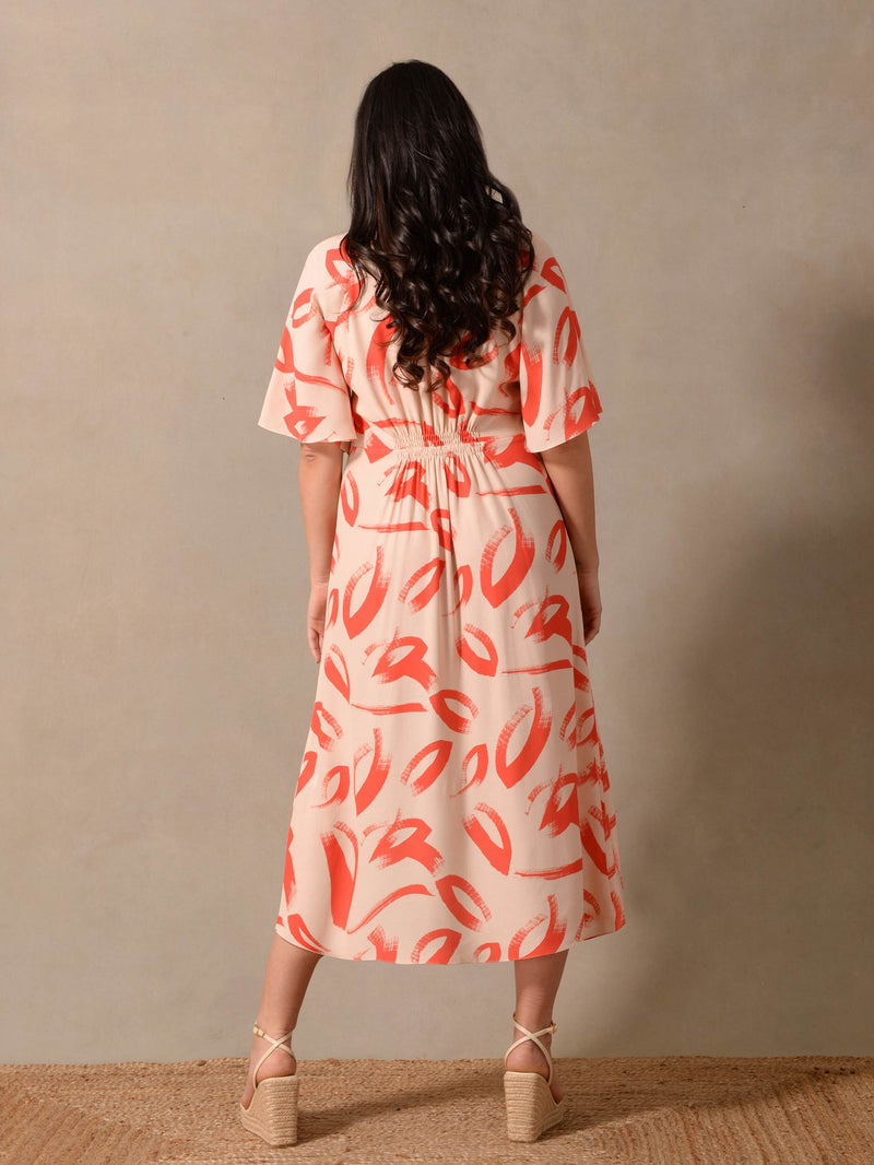 Red Brushstroke Print Pleat Front Shirt Dress