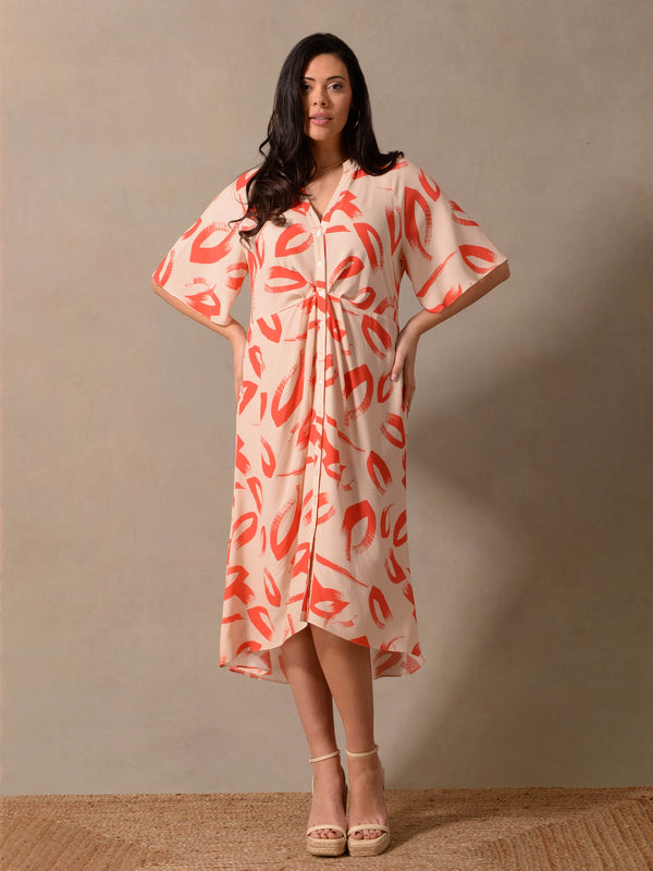 Red Brushstroke Print Pleat Front Shirt Dress