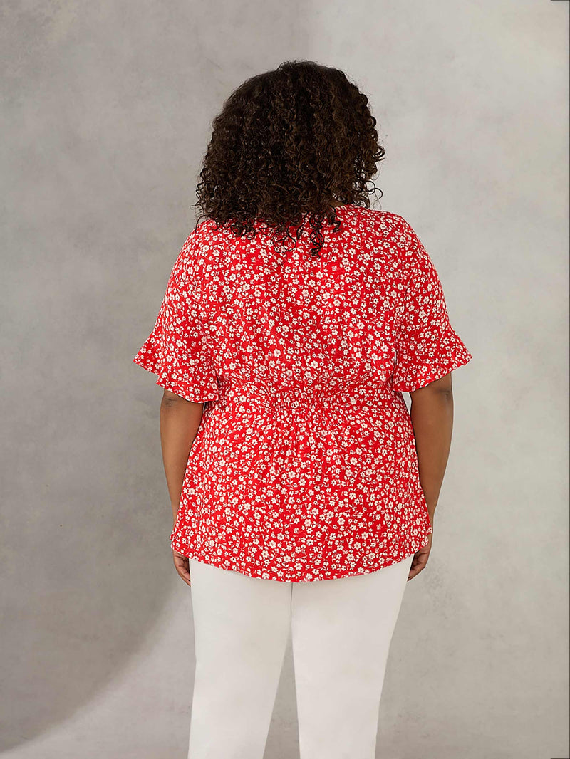 Red Ditsy Button Through  Blouse