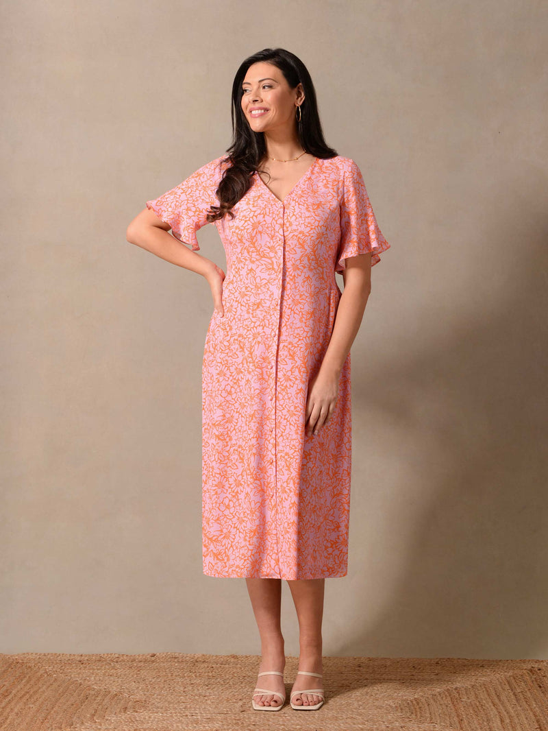 Orange Floral Shirred Waist Midi Dress