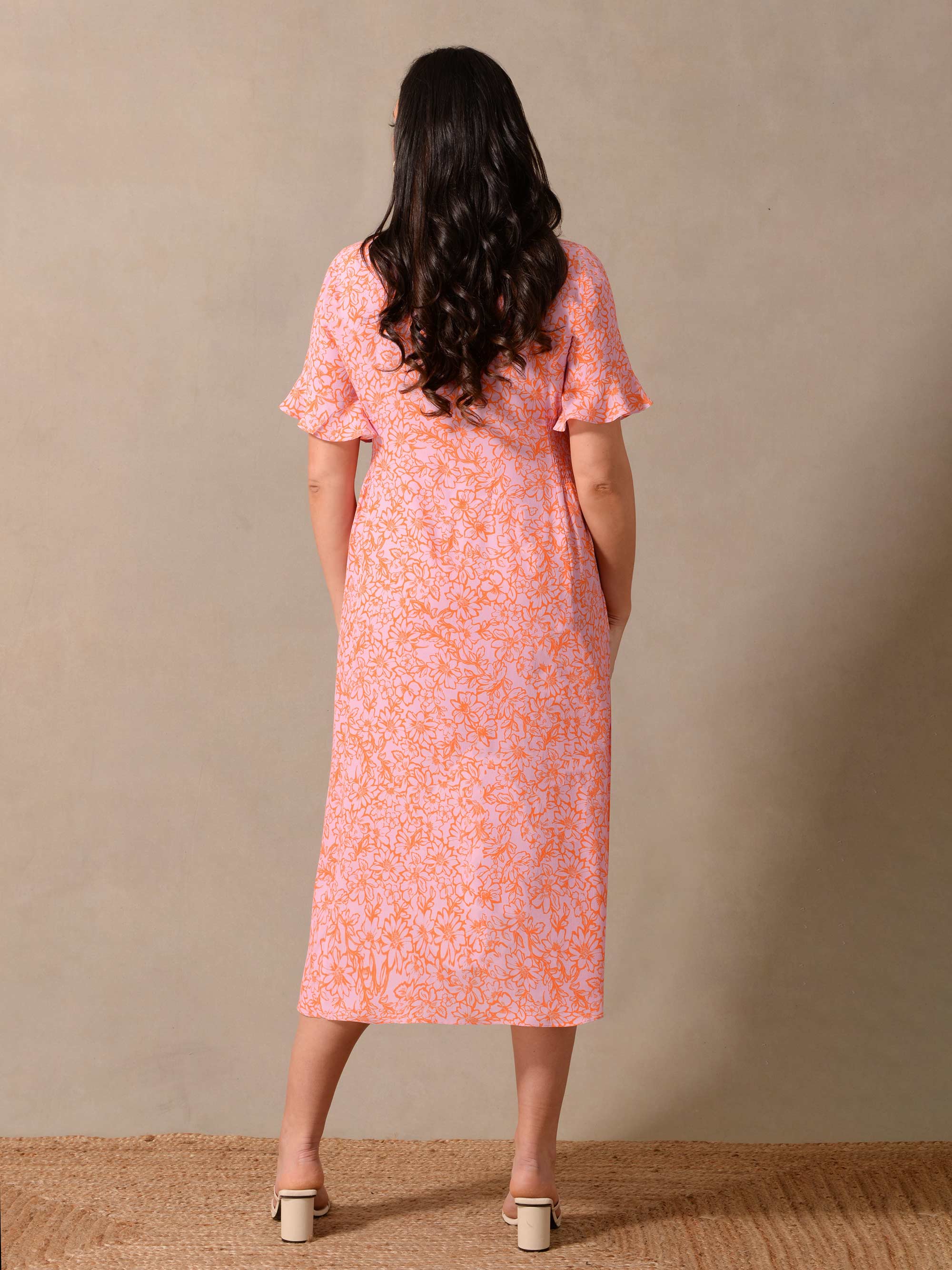 Orange Floral Shirred Waist Midi Dress