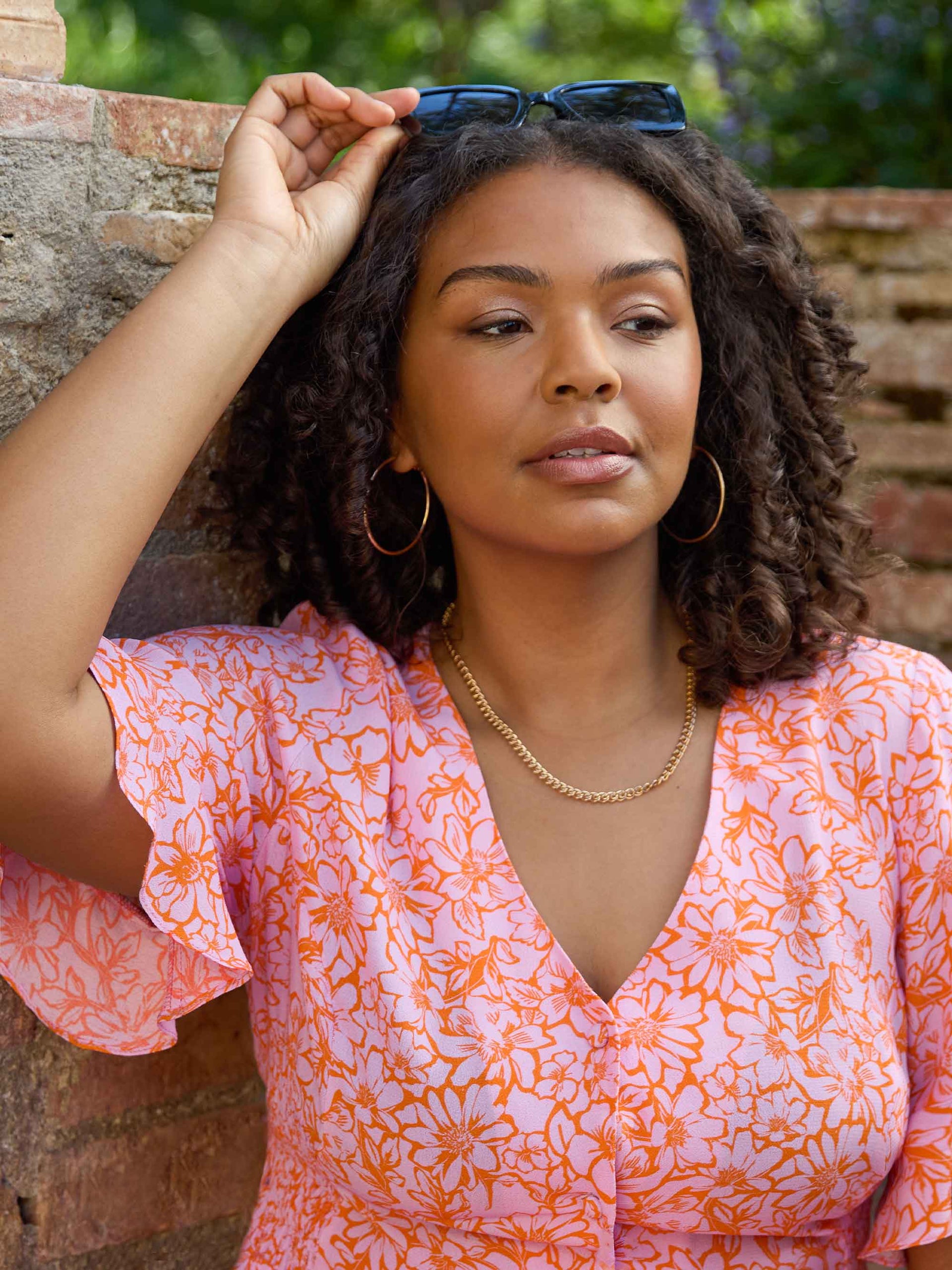 Orange Floral Front Twisted Midi Dress main image 1