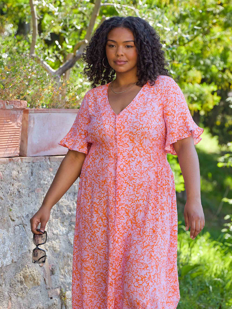 Orange Floral Shirred Waist Midi Dress
