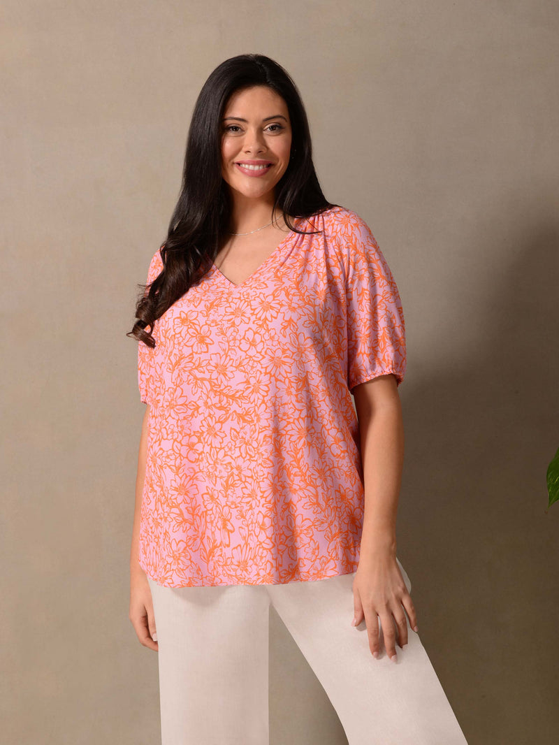 Orange Floral Short Sleeve Blouse