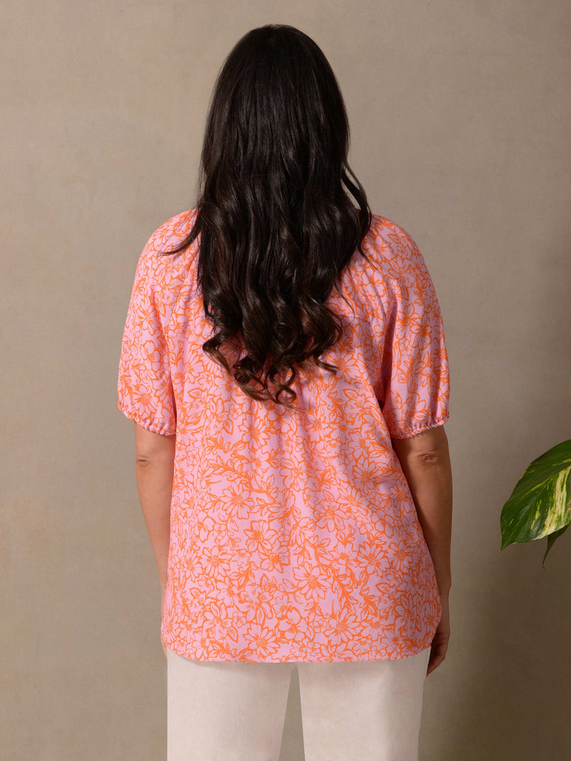 Orange Floral Short Sleeve Blouse
