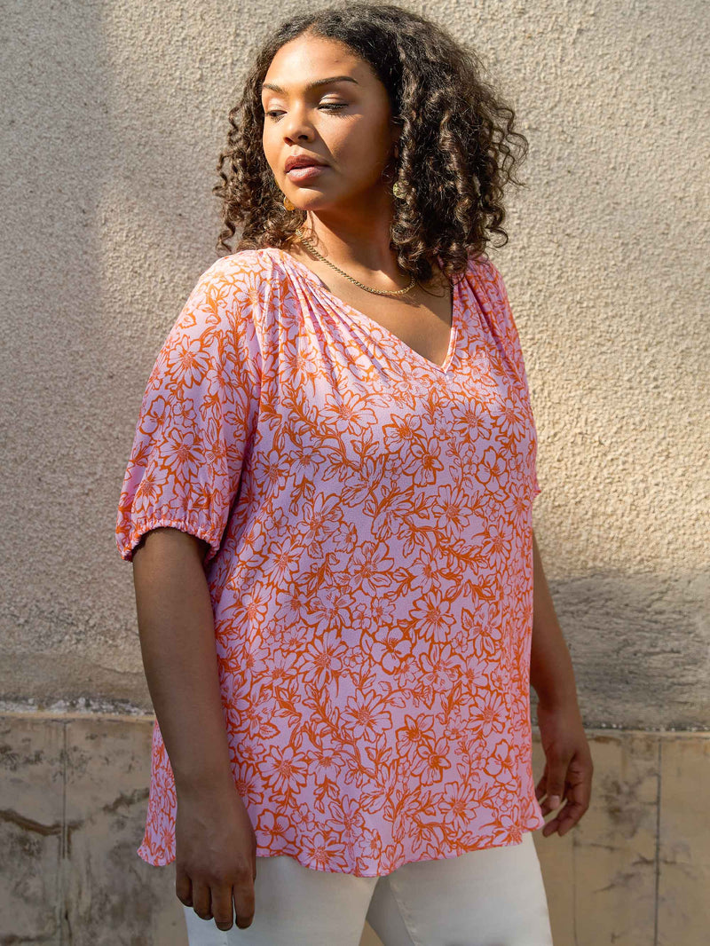 Orange Floral Short Sleeve Blouse