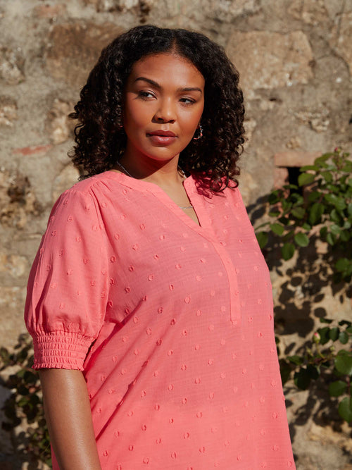 Pink Dobby Textured Short Sleeve Blouse