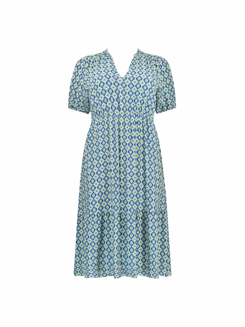 Blue Tile Print Tiered Midi Dress