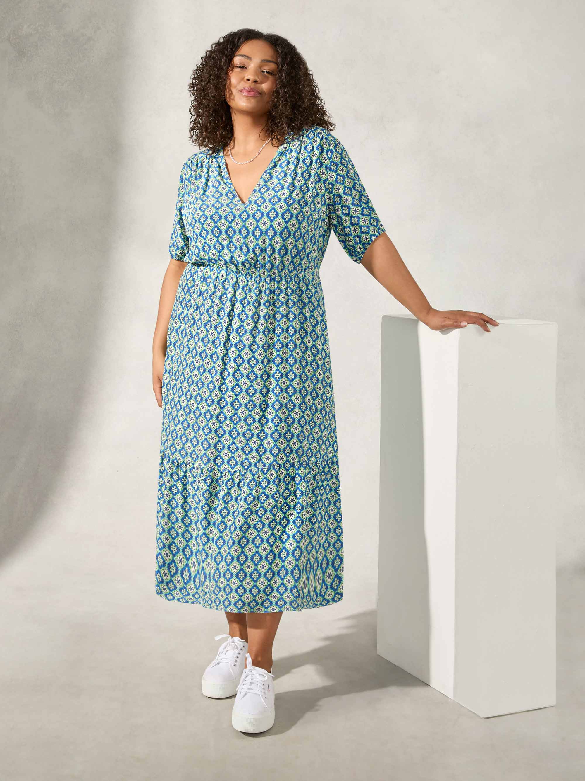 Blue Tile Print Tiered Midi Dress Blue Tile Print Tiered Midi Dress
