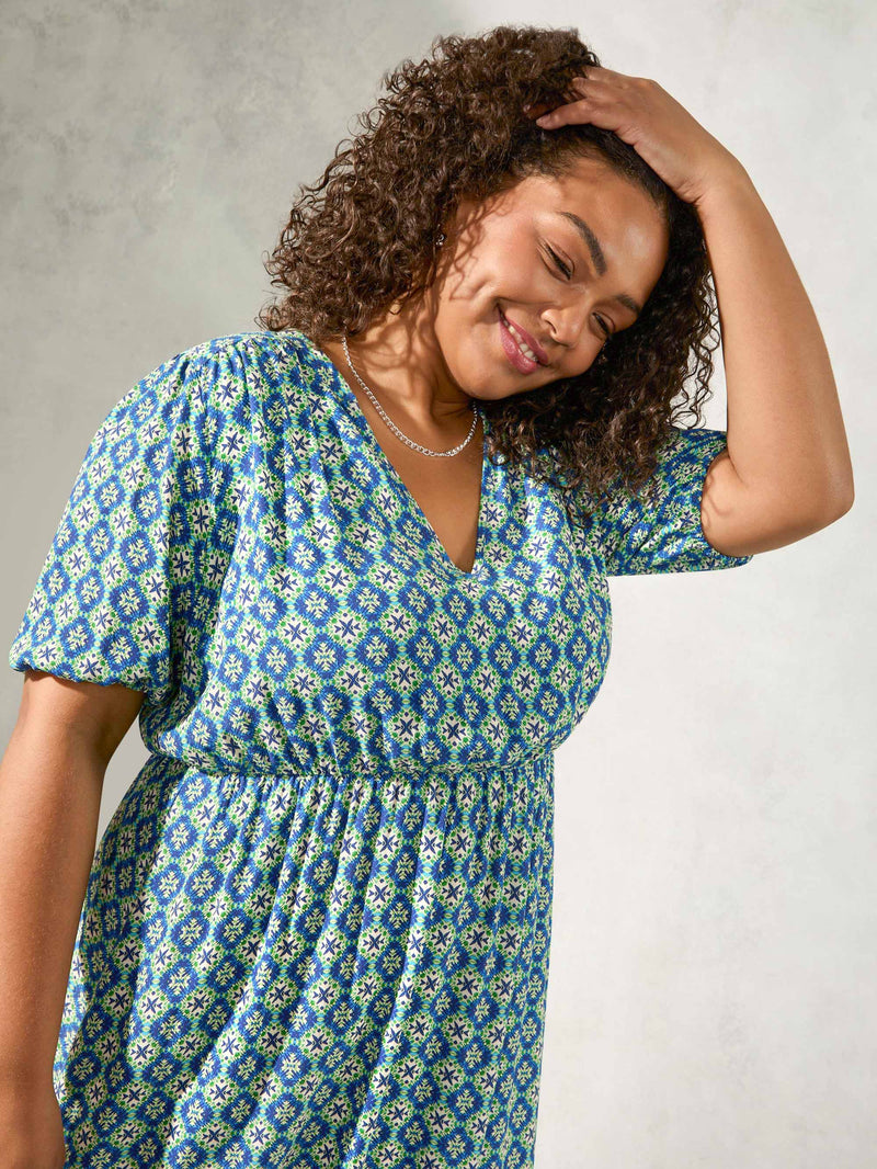Blue Tile Print Tiered Midi Dress