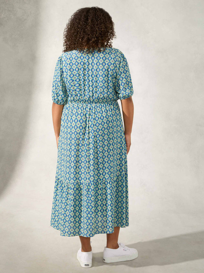 Blue Tile Print Tiered Midi Dress