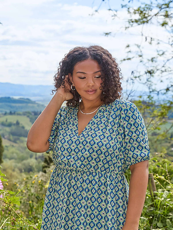 Blue Tile Print Tiered Midi Dress