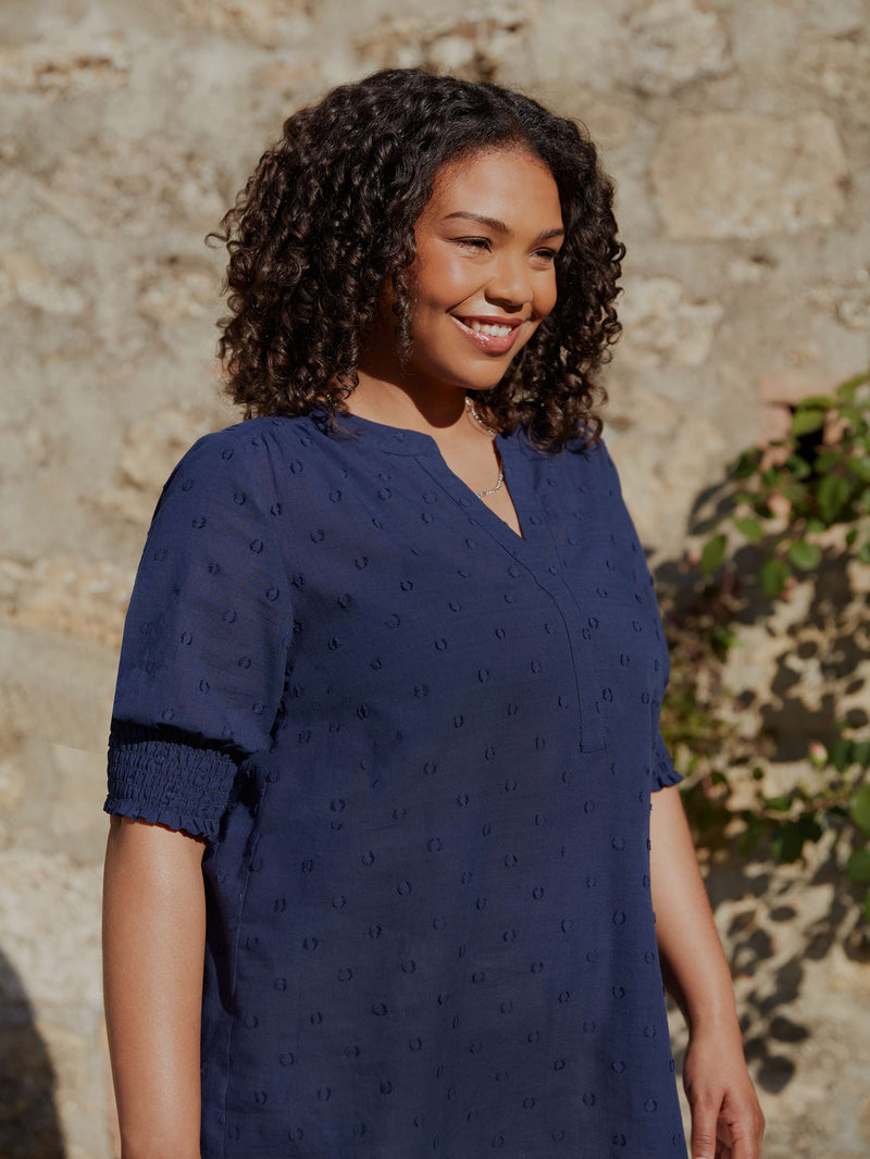 Navy Dobby Short Sleeve Blouse