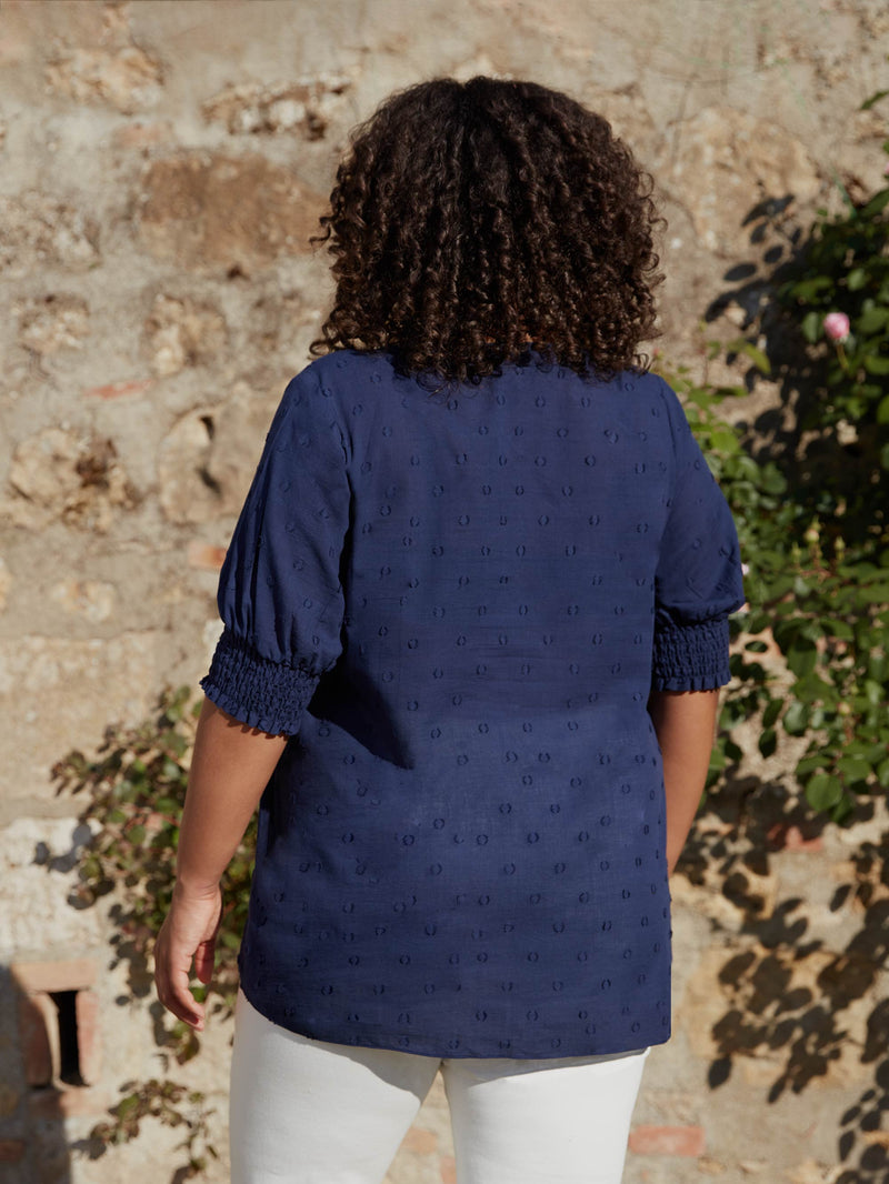 Navy Dobby Short Sleeve Blouse