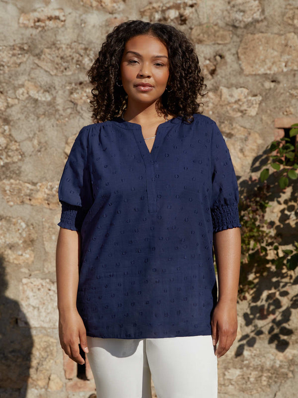 Navy Dobby Short Sleeve Blouse