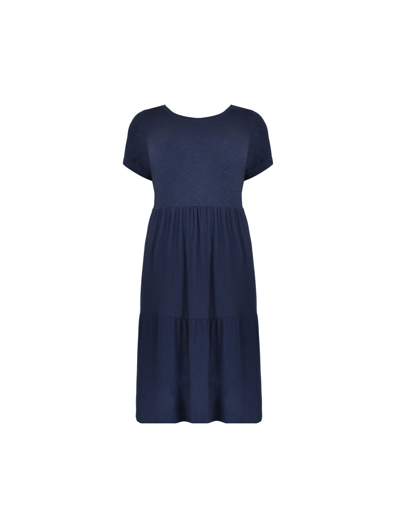 Navy Textured Tiered Jersey Midi Dress