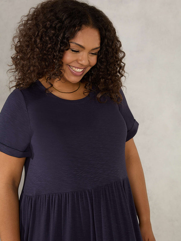 Navy Textured Tiered Jersey Midi Dress