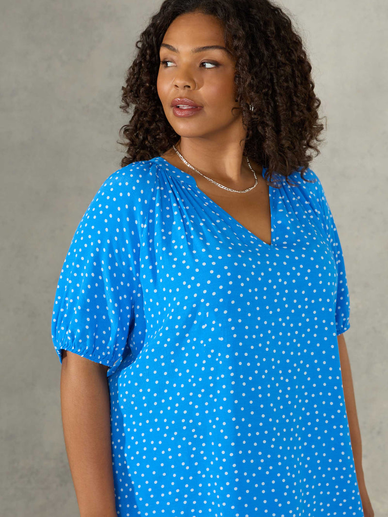 Blue Spot Print Short Sleeve Blouse