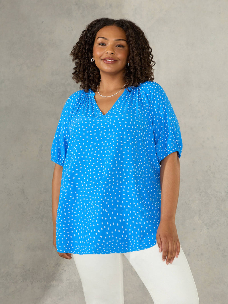 Blue Spot Print Short Sleeve Blouse