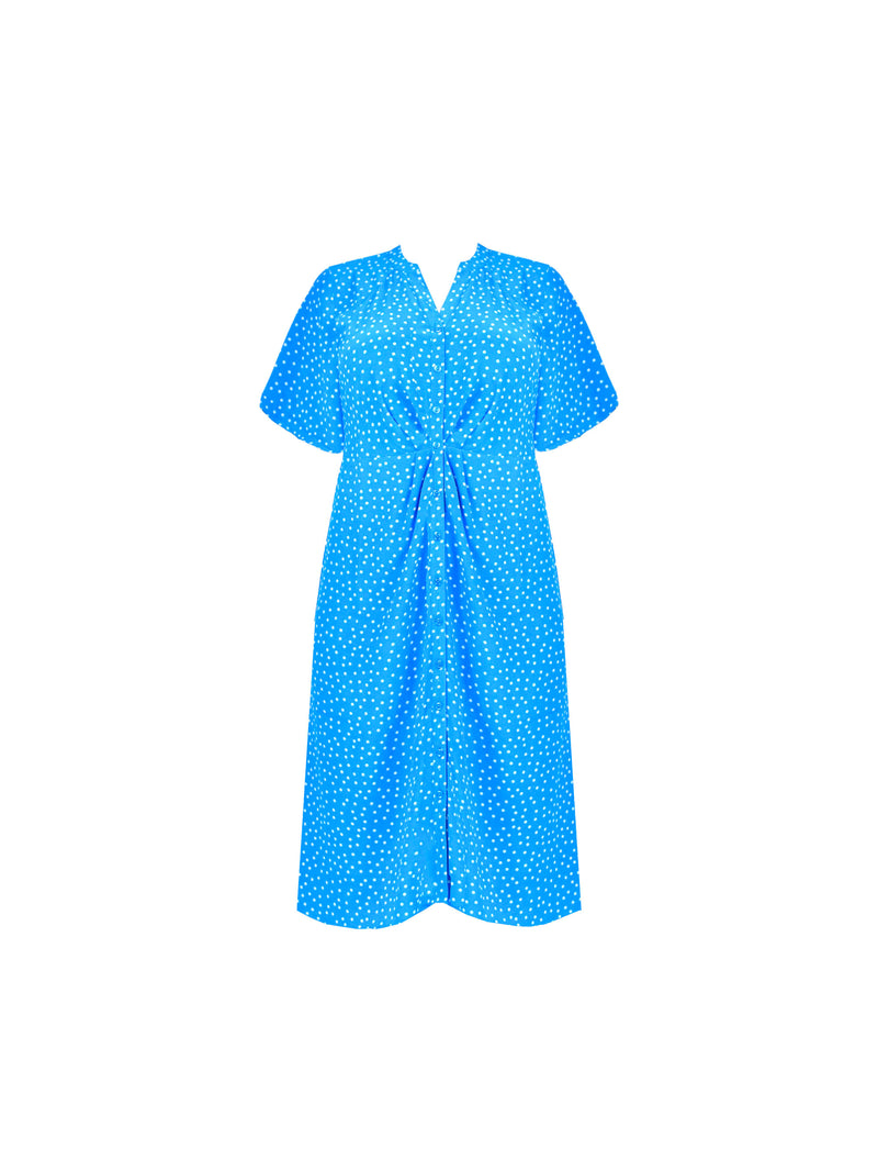 Blue Spot Print Ruched Front Shirt Dress