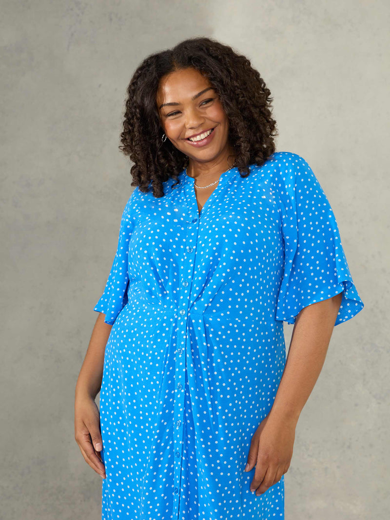 Blue Spot Print Ruched Front Shirt Dress