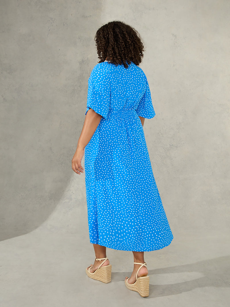 Blue Spot Print Ruched Front Shirt Dress
