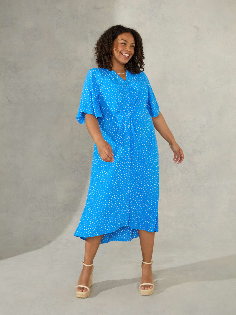 Blue Spot Print Ruched Front Shirt Dress