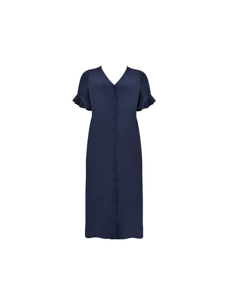 Navy Shirred Waist Midi Dress