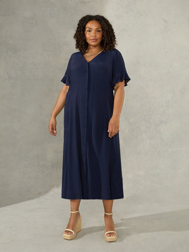 Navy Shirred Waist Midi Dress