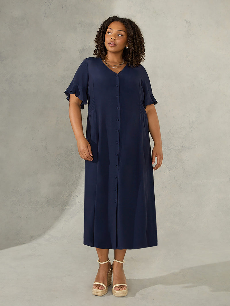 Navy Shirred Waist Midi Dress