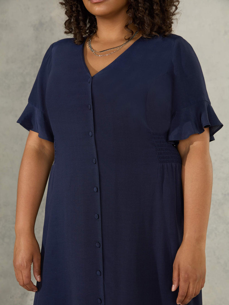 Navy Shirred Waist Midi Dress