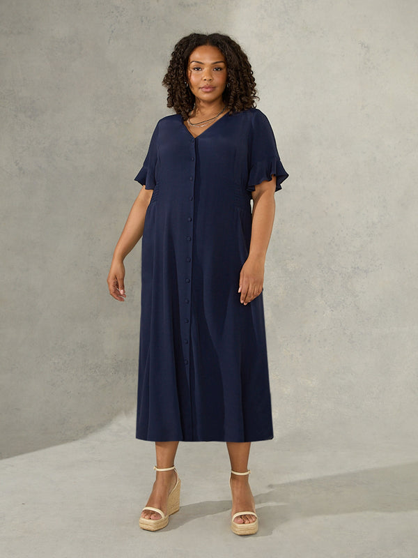 Navy Shirred Waist Midi Dress