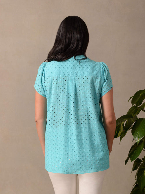 Turquoise Broderie Short Sleeve Shirt