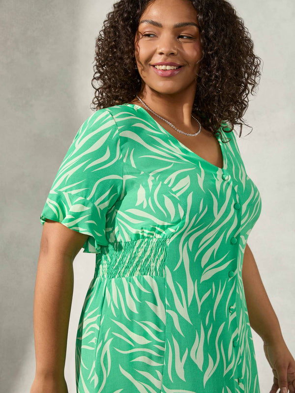 Green Zebra Print Shirred Waist Midi Dress
