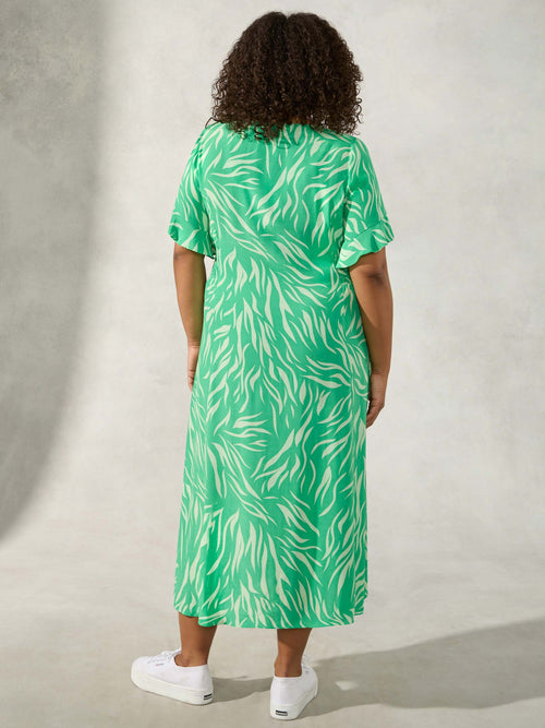 Green Zebra Print Shirred Waist Midi Dress