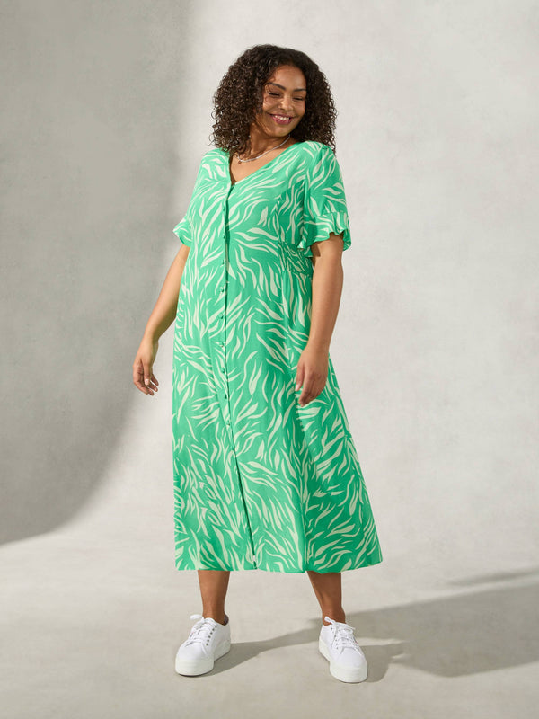 Green Zebra Print Shirred Waist Midi Dress