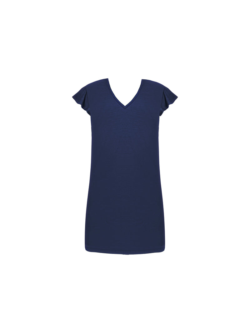 Navy Frill Sleeve Cotton Textured Jersey Column Dress