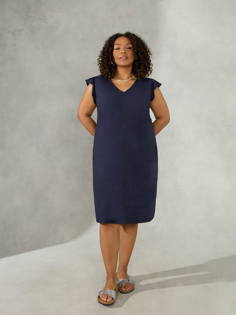 Navy Frill Sleeve Cotton Textured Jersey Column Dress
