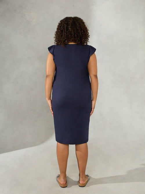 Navy Frill Sleeve Cotton Textured Jersey Column Dress