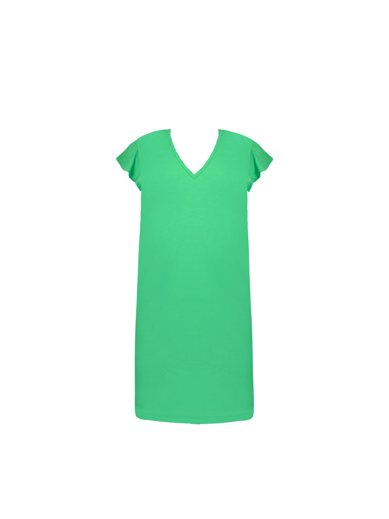 Green Frill Sleeve Cotton Textured Jersey Column Dress